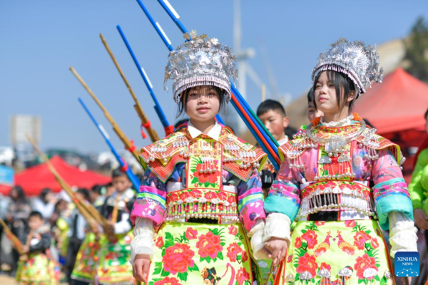 Miao People Participate in Traditional Dancing Activity in SW China's Guizhou