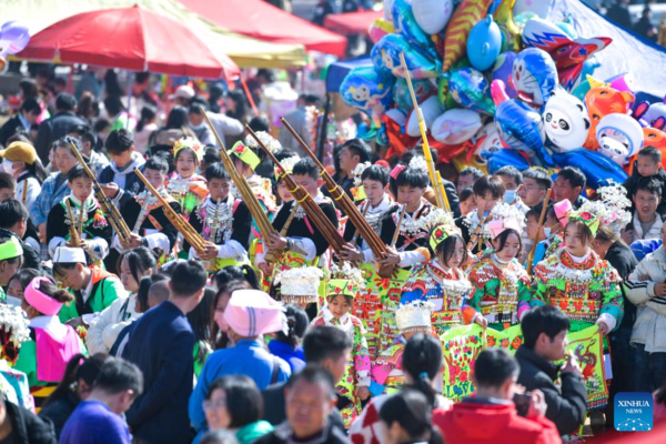 Miao People Participate in Traditional Dancing Activity in SW China's Guizhou