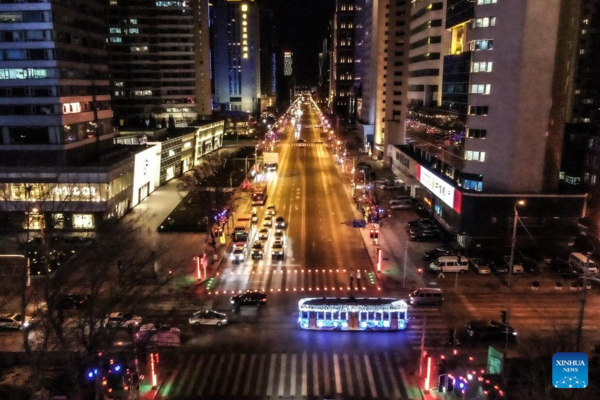 Trams Decorated with Lights to Attract Tourists in Dalian, China's Liaoning